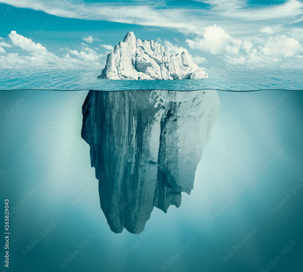 Iceberg in ocean. Hidden threat or danger concept. Central composition. Toned green. - obrazy, fototapety, plakaty 