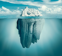 Iceberg In Ocean. Hidden Threat Or Danger Concept. Central Composition. Toned Green.