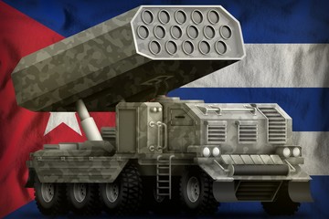 rocket artillery, missile launcher with grey camouflage on the Cuba national flag background. 3d Illustration