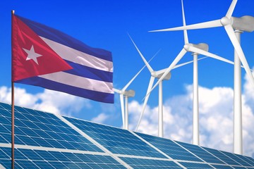 Cuba solar and wind energy, renewable energy concept with solar panels - renewable energy against global warming - industrial illustration, 3D illustration