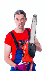 Wall Mural - funny worker with chainsaw