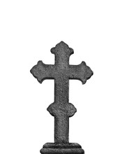 Old Stone Cross Tombstone Isolate On White Background. Cross Cemetery Tombstone. Condolence, Mourning Cards Or Obituary. Religion, Faith, Death Concept. 