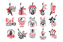 Rock Club Logo Design Set, Label For Music Festival Vector Illustrations On A White Background