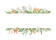 Watercolor Vector Banner Of Orange Lily Flowers And Green Leaves.