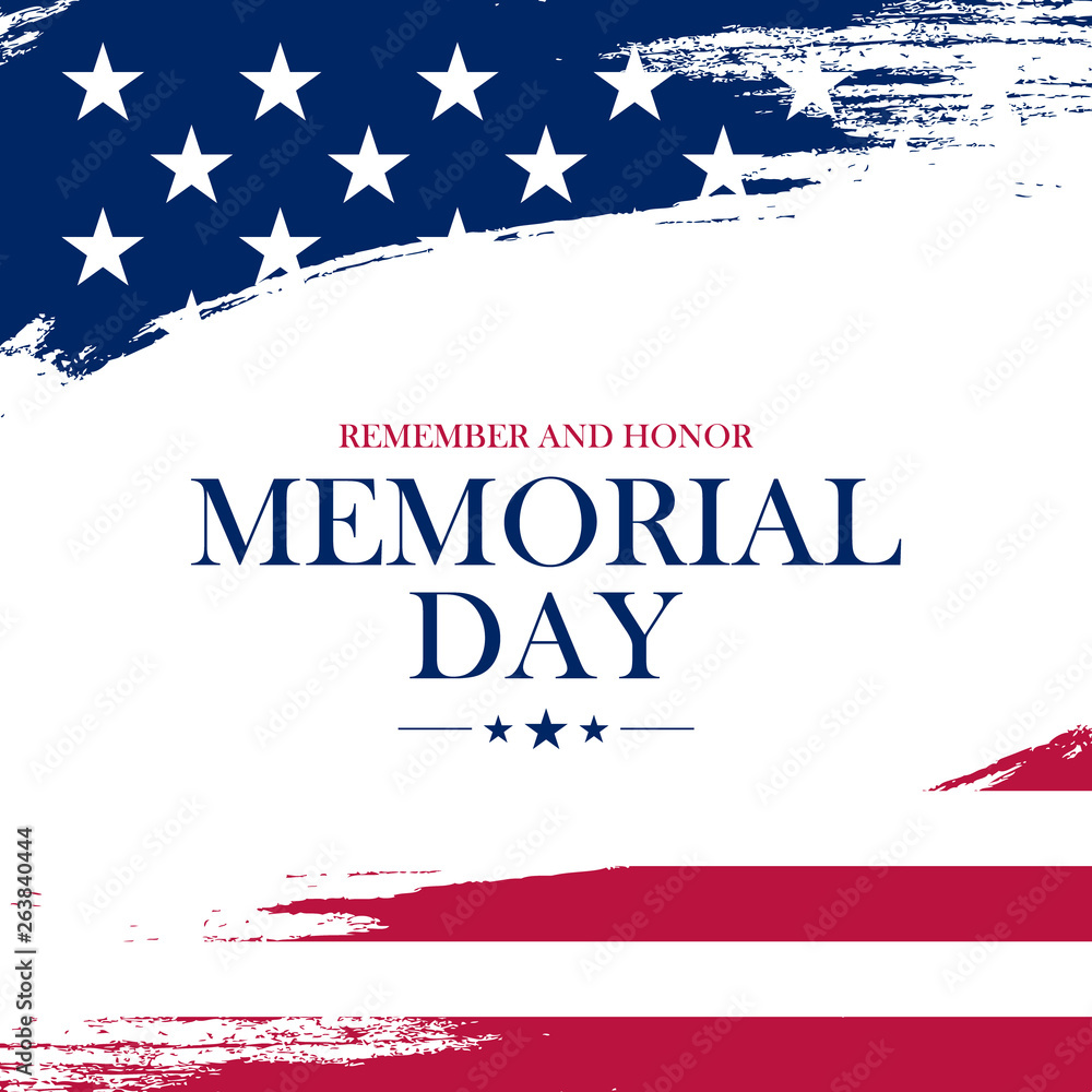 USA Memorial Day greeting card with brush stroke background in United States national flag colors. Vector illustration. - obrazy, fototapety, plakaty 