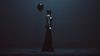 © paul - Futuristic Demon Woman With a Black Balloon In a Futuristic Haute Couture Dress and face Mask Abstract Demon Assassin Right View 3d illustration 3d render