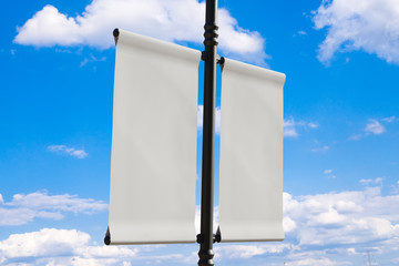 Wall Mural - 3D rendering of blank flag banner (empty advertisement) with clouds. Empty mockup template
