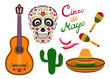Cinco de Mayo icon set. Vector illustration of guitar, maracas and chili pepper. Cute skull, sombrero and cactus in cartoon flat style.