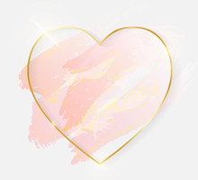 Gold Shiny Glowing Heart Frame With Rose Pastel Brush Strokes Isolated On White Background. Golden Luxury Line Border For Invitation, Card, Sale, Fashion, Wedding, Photo Etc. Vector Illustration