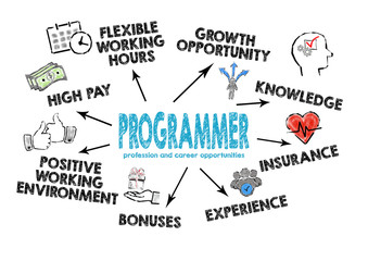 Wall Mural - programmer profession and career opportunities. chart with keywords and icons on white background