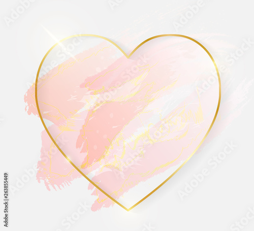 Gold shiny glowing heart frame with rose pastel brush strokes isolated on white background. Golden luxury line border for invitation, card, sale, fashion, wedding, photo etc. Vector illustration © boxerx