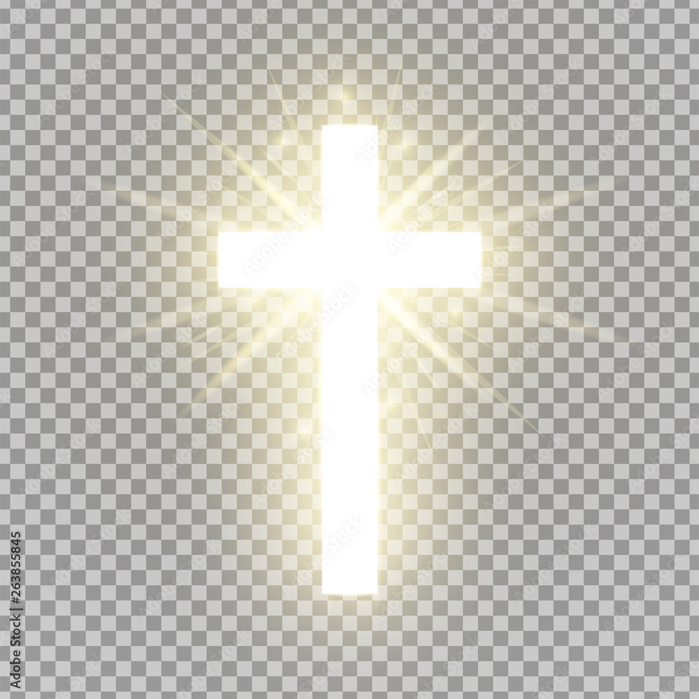 Shining cross isolated on transparent background. Riligious symbol. Glowing Saint cross. Easter and Christmas sign. Heaven concept. Vector illustration - obrazy, fototapety, plakaty 