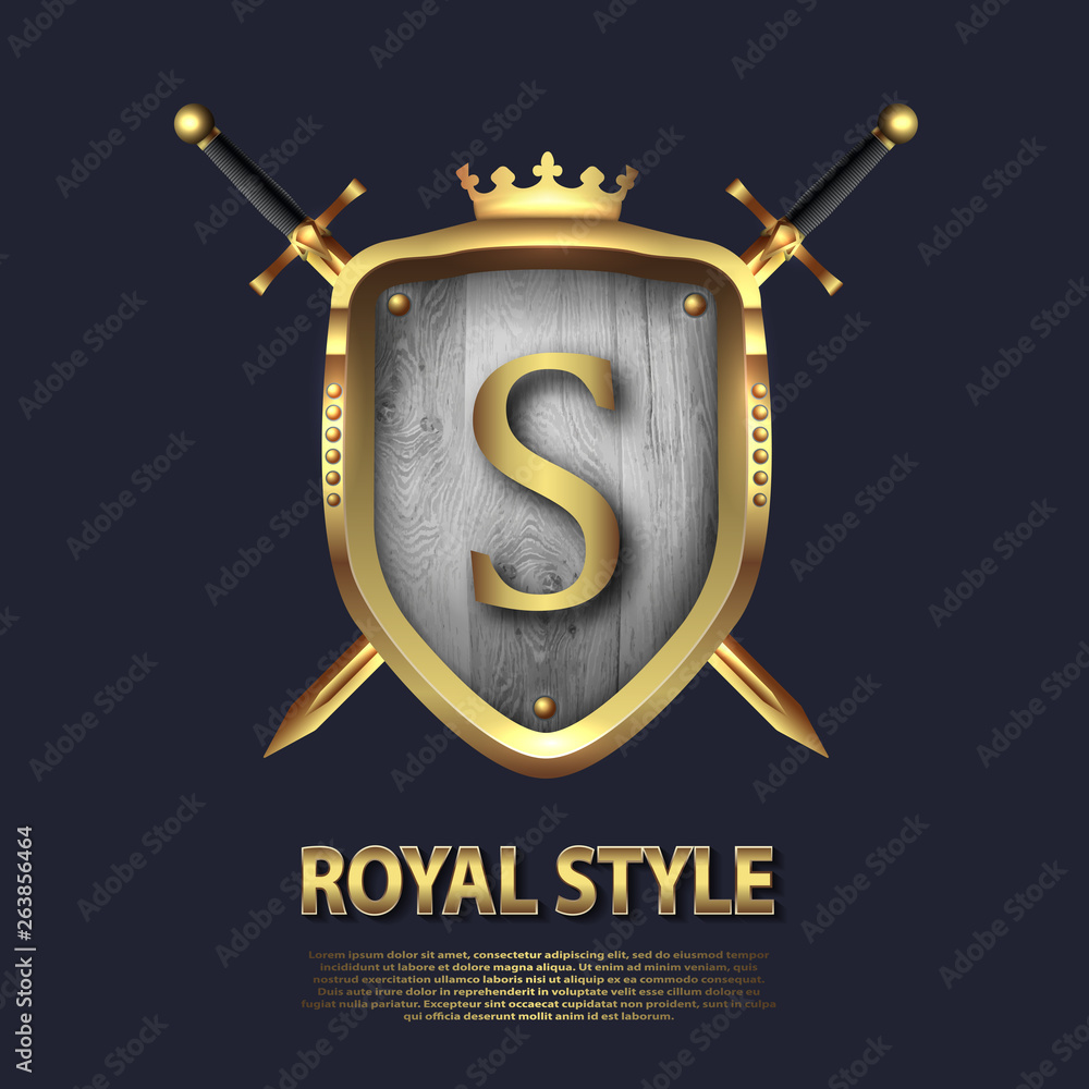 Letter S and two crossed swords and shield with crown. Letter Design in ...