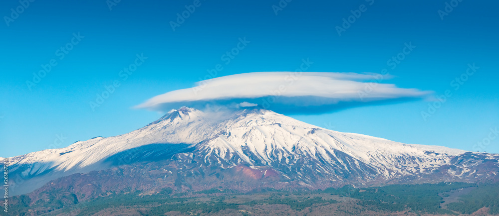 Mount Etna is one of world’s most active volcanoes located on east coast of Sicily, Italy - obrazy, fototapety, plakaty 