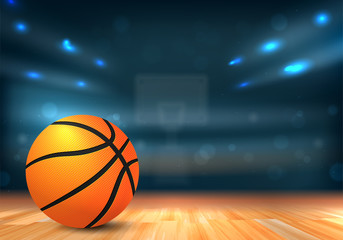 Wall Mural - basketball ball in sport arena with tribunes and lights