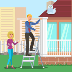 Man Saving Cat from Roof Flat Vector Illustration