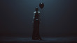 Futuristic Demon Woman With a Black Balloon and a Gun  In a Futuristic Haute Couture Dress and face Mask Abstract Demon Assassin Back View 3d illustration 3d render 