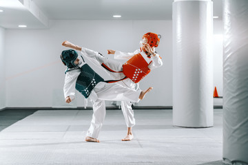 Sporty Caucasian boys having taekwondo training in white gym and kicking each other.