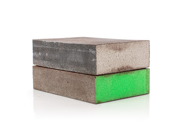 Wall Mural - Group of two whole green and grey abrasive block sponges work item isolated on white background