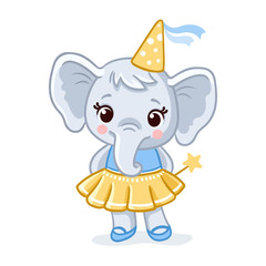 Wall Mural - Little elephant stands in a beautiful yellow dress on a white background.