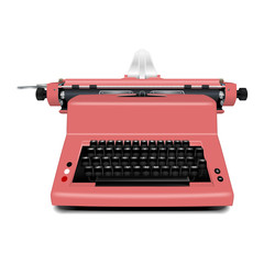 Red typewriter icon. Realistic illustration of red typewriter vector icon for web design isolated on white background