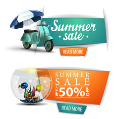 Two summer sale clickable banners with buttons, a scooter with a beach umbrella and round aquarium with fish