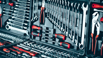 Professional toolbox. Vehicle service station hand tools. Wrench kit. Diy hardware. Mechanic workshop essential instruments.