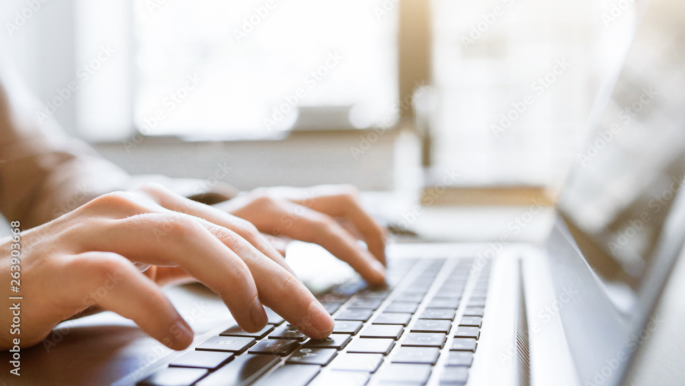Website technical content writer. Network service. Social media blogging. Closeup of hands typing on laptop, creating new article. - obrazy, fototapety, plakaty 