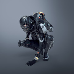 science fiction cyborg female squatting putting her palm on the floor. sci-fi girl sitting on her ha