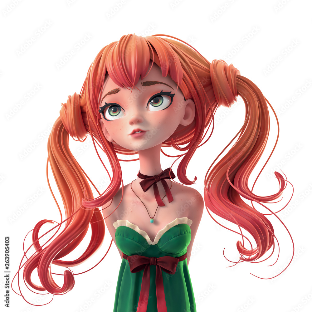 3d cartoon character ginger girl in green dress. Dreaming woman with long two tails looking up. 3d cartoon character ginger girl in green dress. Dreaming woman with long two tails looking up.