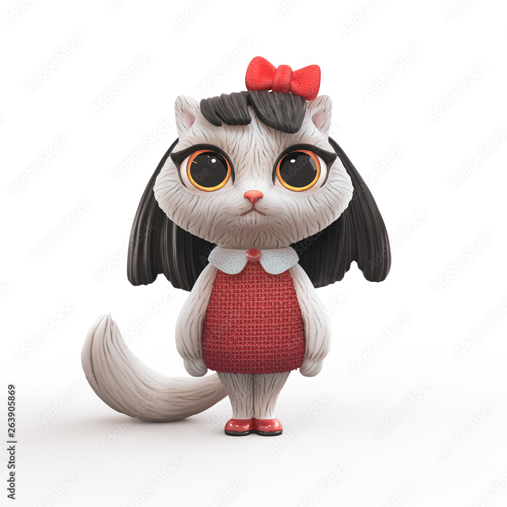 3d cartoon character of a little cute girl kitty with long black hair in red  dress.