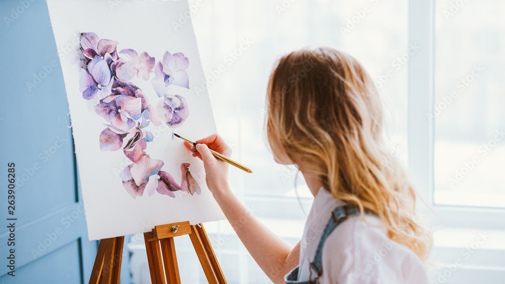 Artist lifestyle. Painting hobby. Imagination and inspiration. Talented woman creating beautiful watercolor floral design. - obrazy, fototapety, plakaty 
