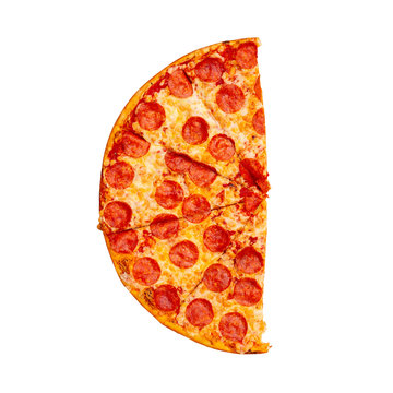 Wall Mural -  - Fresh tasty half pepperoni pizza isolated on white background. Top view