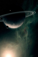science fiction space scene, planet with rings and sattelites in bright sun light, dust and nebula i