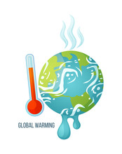 Global Warming Vector, Dangerous Process Of Melting, Suffering Planet With Thermometer And Red Scale, Vapours Coming From Earth Surface, Problems Ecology. Concept For Earth Day