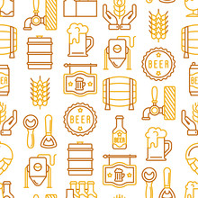 Craft Beer Seamless Pattern With Thin Line Icons Related To Octoberfest: Beer Pack, Hop, Wheat, Bottle Opener, Manufacturing, Brewing, Tulip Glass, Mag With Foam, Can. Modern Vector Illustration.