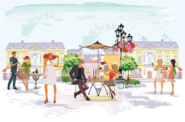 Series of colorful retro street views with fashion people in the old city. Hand drawn vector architectural background with historic buildings. Street musicians.