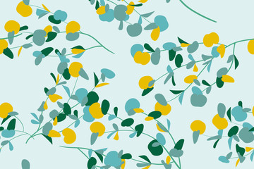 Wall Mural - Floral Seamless Pattern in Pastel Color Design. Vector Eucalyptus Leaves and Beautiful Blossom Elements. Botanical Summer Background. Floral Seamless Pattern for Wedding Design, Print, Textile, Fabric