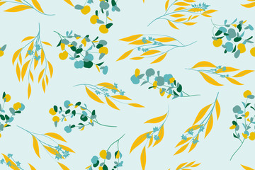 Wall Mural - Floral Seamless Pattern in Pastel Color Design. Vector Eucalyptus Leaves and Beautiful Blossom Elements. Botanical Summer Background. Floral Seamless Pattern for Wedding Design, Print, Textile, Fabric