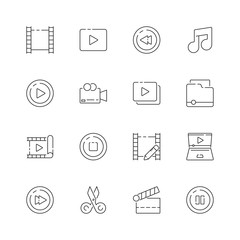 Poster - Video editing icon. Film movie production symbols cut editor multimedia clapper vector thin line pictures. Illustration of edit film, clapper and video, camera and player