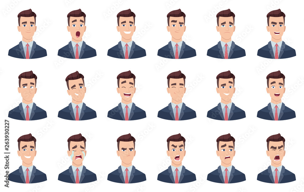 Man emotions. Facial characters different faces sadness hate smile head portrait vector characters. Head avatar angry face, happy emotion illustration - obrazy, fototapety, plakaty 