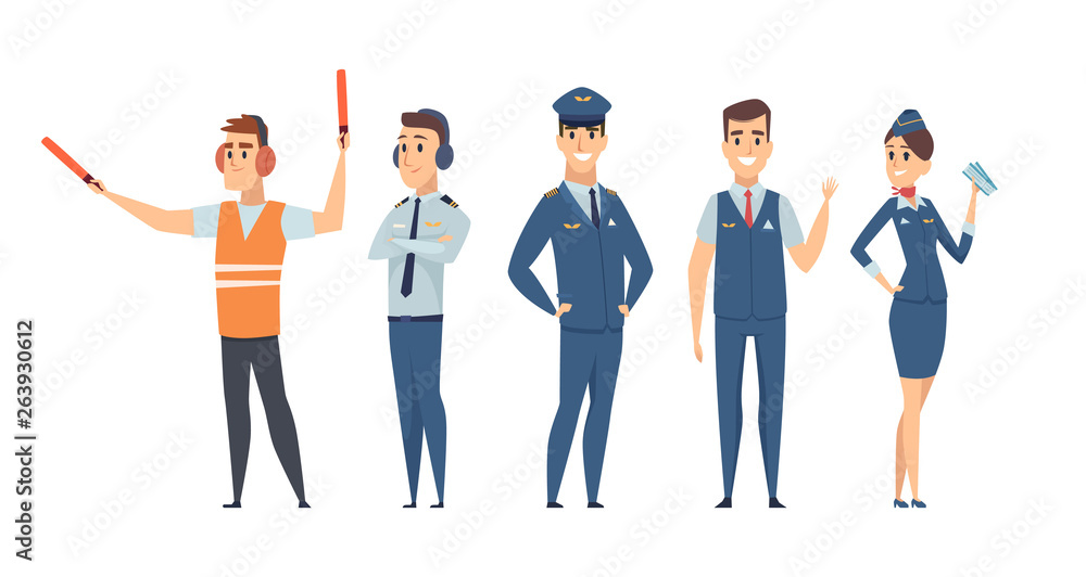 Pilots. Avia company persons crew pilots stewardess airplane command civil aviation vector characters in cartoon style. Pilot and stewardess, people transport service in uniform illustration - obrazy, fototapety, plakaty 