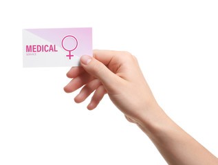 Wall Mural - Girl holding medical business card isolated on white, closeup. Women's health service