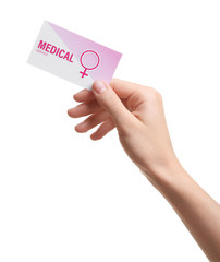 Wall Mural - Girl holding medical business card isolated on white, closeup. Women's health service