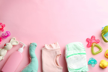 Wall Mural - flat lay composition with baby accessories and space for text on color background