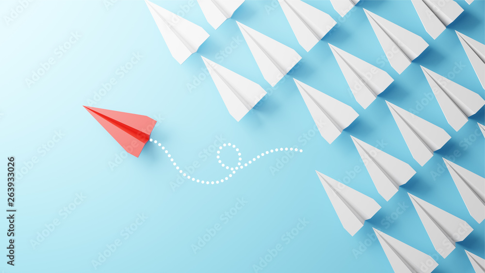 Illustration of leadership concept with red paper plane leading among white on blue background - obrazy, fototapety, plakaty 