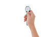 © woey - right hand holding watch with white background and dipping path