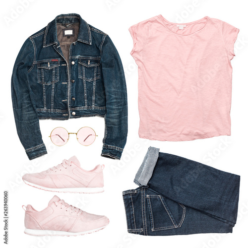 pink shirt denim jacket