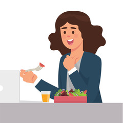 young woman worker eating salad, young woman eating healthy lunch in her office