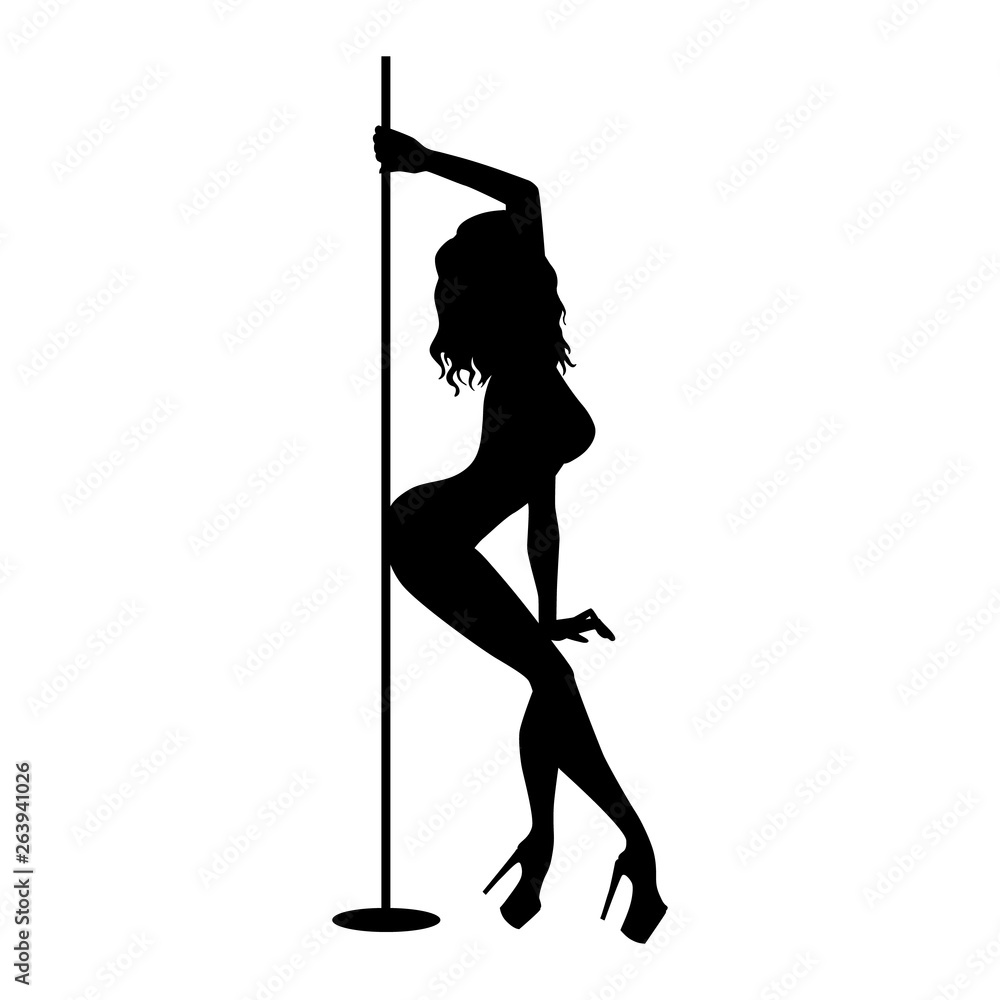 Vector silhouette of girl and pole on a white background. Pole dance illustration for fitness, striptease dancers, exotic dance. Vector illustration EPS10 for logotype, badge, icon, logo, banner, tag. - obrazy, fototapety, plakaty 
